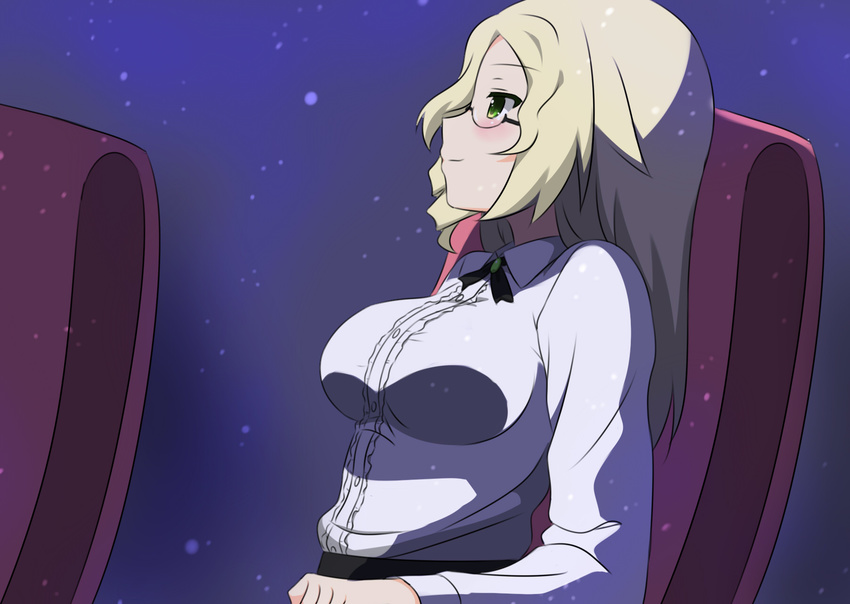 blonde_hair breasts casual cleavage commentary_request female glasses glynda_goodwitch green_eyes highres long_hair medium_breasts rwby shikniful solo