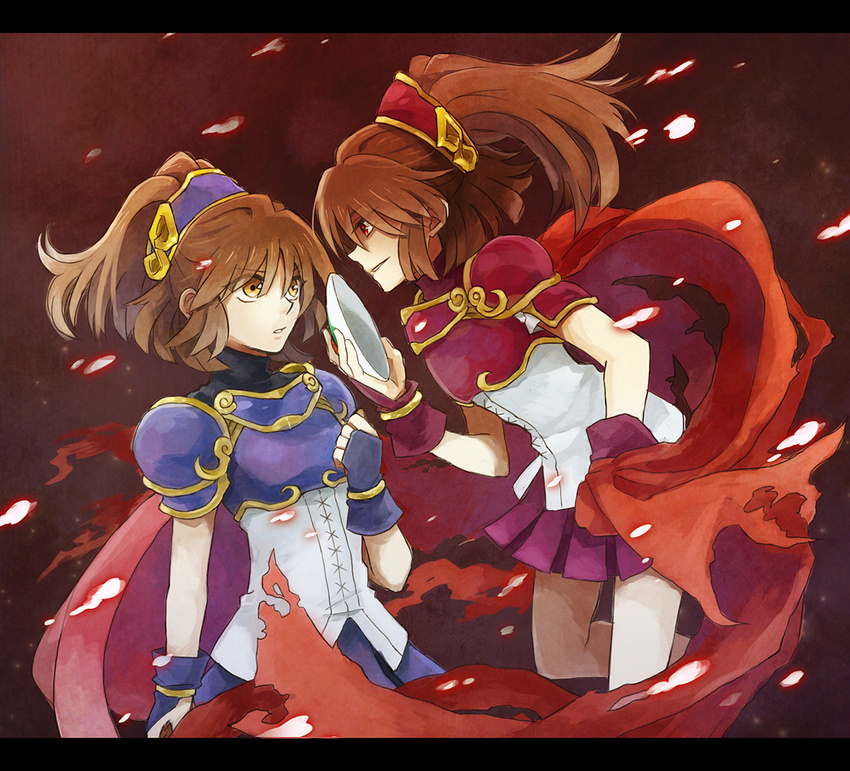 2girls arle_nadja armor armored_dress bad_id bad_pixiv_id blue_skirt brown_hair cape doppelganger_arle evil_smile eye_contact half_updo letterboxed looking_at_another madou_monogatari mask multiple_girls photoshop_(medium) puyopuyo puyopuyo~n red_cape red_eyes sewenan short_hair skirt smile wrist_cuffs yellow_eyes