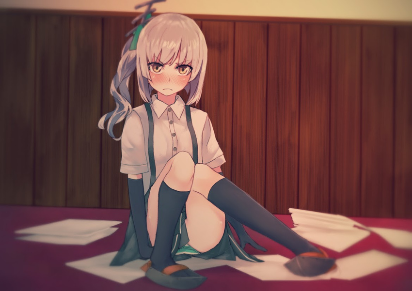 >:( black_gloves black_socks blunt_bangs blush brown_eyes collared_shirt commentary_request comrade_stalin elbow_gloves female frown gloves grey_hair grey_skirt hair_ornament kantai_collection kasumi_(kancolle) kneehighs knees_together_feet_apart looking_at_viewer panties pantyshot pleated_skirt school_uniform shirt side_ponytail sitting skirt socks solo striped_clothes striped_panties suspenders underwear v-shaped_eyebrows white_hair