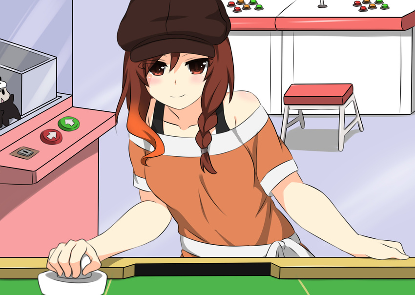 air_hockey air_hockey_mallet air_hockey_table arcade arcade_cabinet beret braid brown_eyes brown_hair casual closed_mouth coco_adel commentary_request eyes_visible_through_hair female gradient_hair hat highres multicolored_hair orange_shirt rwby shikniful shirt solo two-tone_hair