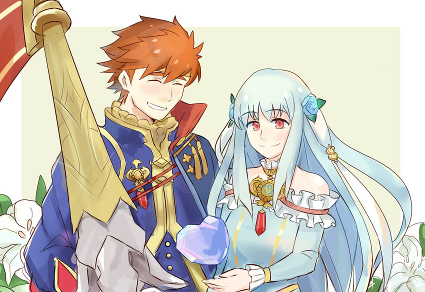 armor blue_hair cape closed_eyes commentary_request dress eliwood_(fire_emblem) eliwood_(valentine)_(fire_emblem) female fire_emblem fire_emblem:_the_blazing_blade fire_emblem_heroes hair_ornament highres long_hair ninian_(fire_emblem) open_mouth rainyazurehoodie red_eyes red_hair short_hair smile