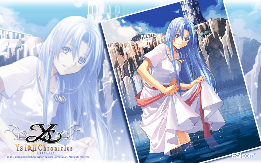 2009 ancient_ys_vanished blue_eyes blue_hair copyright_name dress feena_(ys) female highres long_hair official_art photo_(object) skirt_hold smile solo standing tower wading water white_dress ys zoom_layer