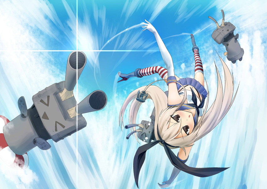 >o< bare_shoulders black_hairband black_neckerchief black_panties blue_sailor_collar blue_skirt blue_sky blush brown_eyes closed_eyes cloud cloudy_sky commentary_request crop_top day elbow_gloves female flat_chest gloves grey_footwear hairband happy highleg highleg_panties kantai_collection long_hair looking_at_viewer microskirt mizuhachi_saru navel neckerchief open_mouth outdoors panties petite photoshop_(medium) platinum_blonde_hair pleated_skirt sailor_collar school_uniform serafuku shimakaze_(kancolle) shirt skirt sky sleeveless sleeveless_shirt spinning striped_clothes striped_thighhighs thighhighs thong triangle_mouth tsurime underwear upside-down v-shaped_eyebrows very_long_hair white_gloves white_shirt