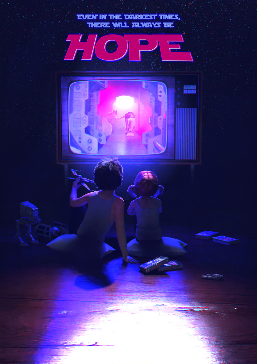 1980s_(style) 1boy 2girls arm_support artist_self-insert at-st bent_over box brother_and_sister carrie_fisher commentary english_commentary english_text figure from_behind full_body grey_shirt guillem_h_pongiluppi highres holding lolicon multiple_girls photoshop_(medium) princess_leia_organa_solo r2-d2 realistic retro_artstyle robe shirt short_twintails siblings sitting sleeveless sleeveless_shirt star_(symbol) star_wars starry_background stormtrooper tank_top television tie_fighter toy twintails watching_television wooden_floor x-wing