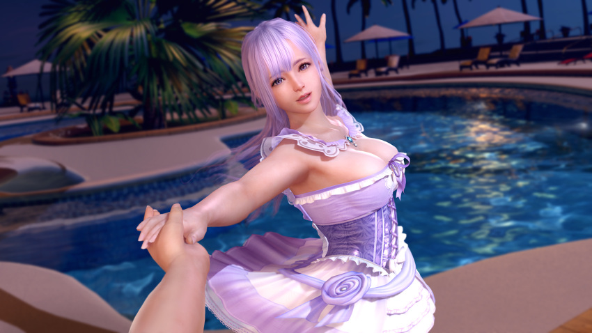 3d breasts cleavage dead_or_alive dead_or_alive_extreme:_venus_vacation female fiona_(doa) large_breasts long_hair official_art purple_eyes purple_hair tagme