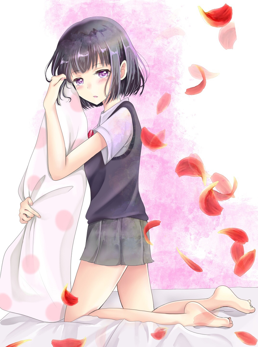 black_hair commentary_request female highres kuzu_no_honkai looking_at_viewer nachosu purple_eyes school_uniform short_hair skirt solo yasuraoka_hanabi