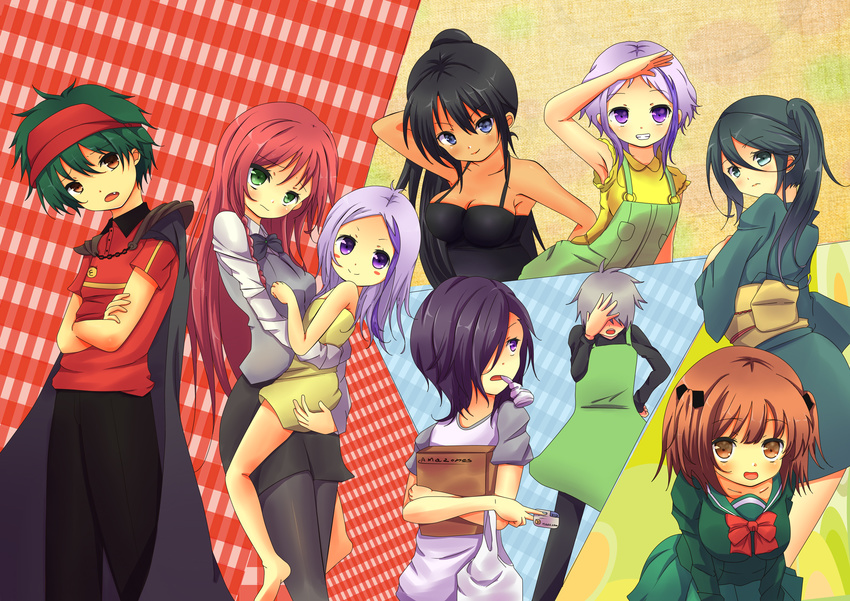 3boys 6+girls apron arras_ramus ashiya_shirou bag black_hair blue_eyes blush blush_stickers bow bowtie box breasts brown_eyes brown_hair cape carrying character_request cleavage commentary_request credit_card dress facepalm frown green_eyes green_hair hair_over_eyes hair_over_one_eye hat hataraku_maou-sama! highres japanese_clothes kamazuki_suzuno kimono long_hair maou_sadao medium_breasts mouth_hold multiple_boys multiple_girls odamanoe open_mouth overalls pantyhose ponytail purple_eyes purple_hair red_hair sasaki_chiho school_uniform shopping_bag short_hair side_ponytail skirt smile uniform urushihara_hanzou vest yusa_emi