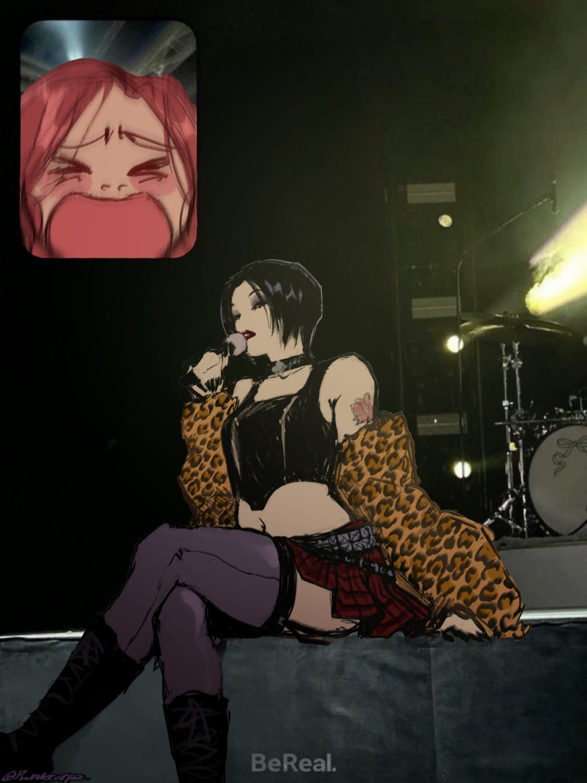 2girls animal_print black_footwear black_hair black_tank_top blush boots choker closed_eyes fan_screaming_at_madison_beer_(meme) highres holding holding_microphone jacket komatsu_nana lipstick looking_at_viewer makeup meme microphone multiple_girls nana_(series) osaki_nana pink_hair pleated_skirt punkcorpz red_skirt short_hair skirt tank_top thighhighs