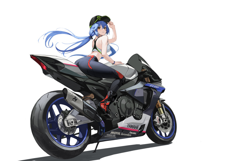 absurdres ass azur_lane black_hat black_pants blue_hair essex_(azur_lane) female hair_between_eyes hat highres leaning_forward motor_vehicle motorcycle on_motorcycle pants peaked_cap red_eyes shiba_inuza simple_background solo white_background yamaha