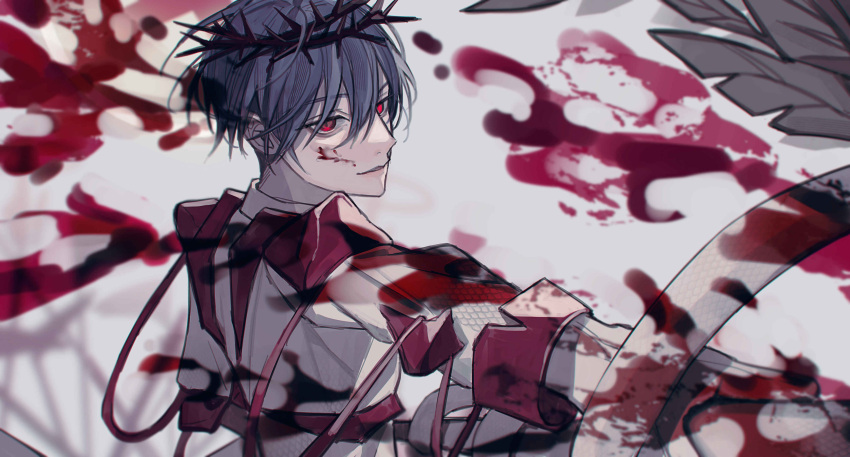 1boy absurdres blood blood_on_face blood_splatter blue_hair crown_of_thorns employee_(project_moon) highres jacket lobotomy_corporation long_sleeves paradise_lost_(e.g.o) parted_lips penitence_(e.g.o) project_moon red_eyes scale_print simple_background snake solo white_background white_jacket yasuihiruya