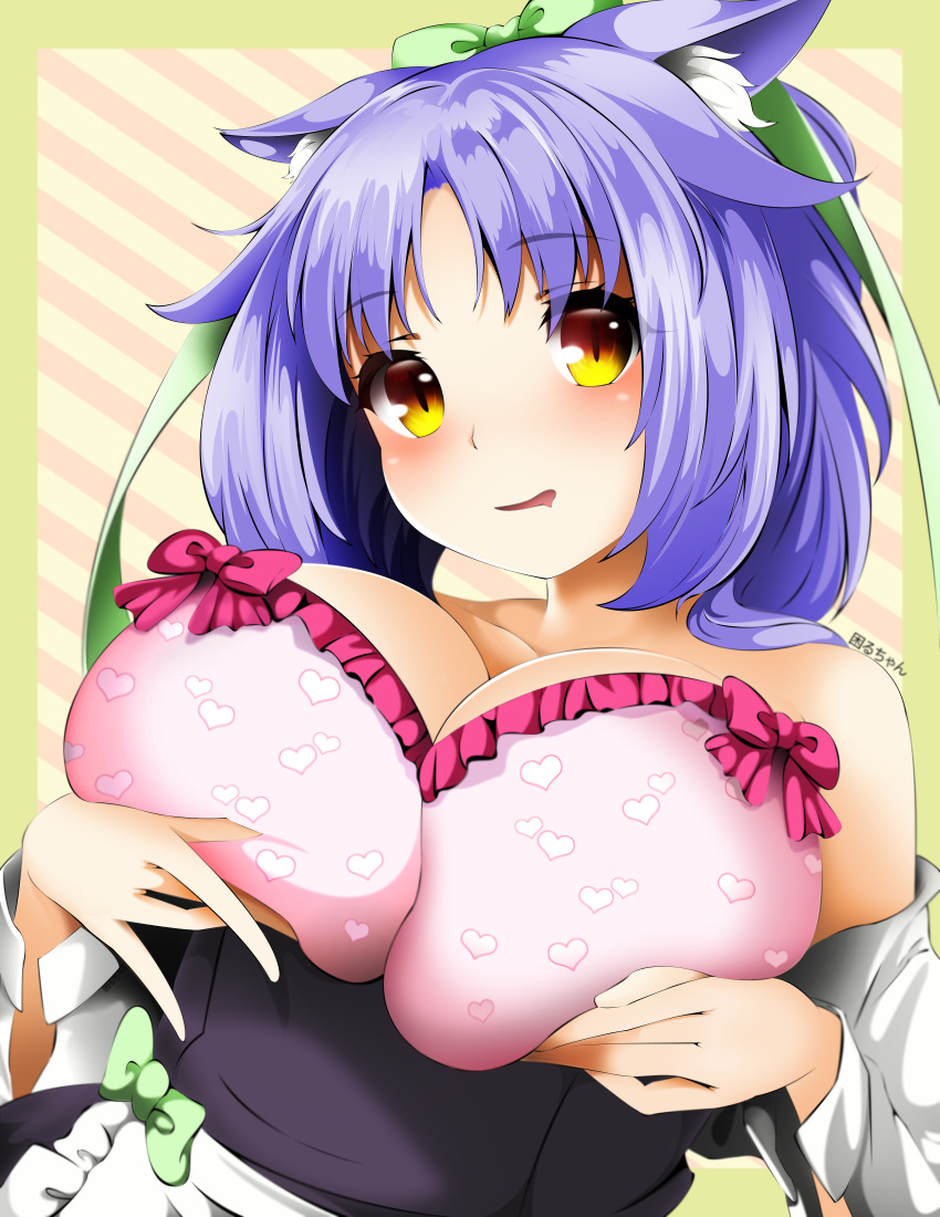 absurdres animal_ear_fluff animal_ears apron aroused bare_shoulders blush border bow bow_bra bra breast_hold breasts cat_ears cat_girl cinnamon_(nekopara) cleavage clothes_pull collarbone commentary_request drooling eyelashes eyes_visible_through_hair female green_border green_bow green_ribbons hair_over_shoulder hair_ribbon hairbow hands_on_own_breasts hands_up heart heart_print highres komaru_chan large_breasts lingerie long_sleeves looking_at_viewer maid mouth_drool nekopara open_mouth paid_reward_available parted_bangs pink_background pink_bow pink_bra purple_hair ribbon shirt shirt_pull simple_background skindentation slit_pupils smile solo underwear upper_body waist_apron white_apron white_shirt yellow_eyes