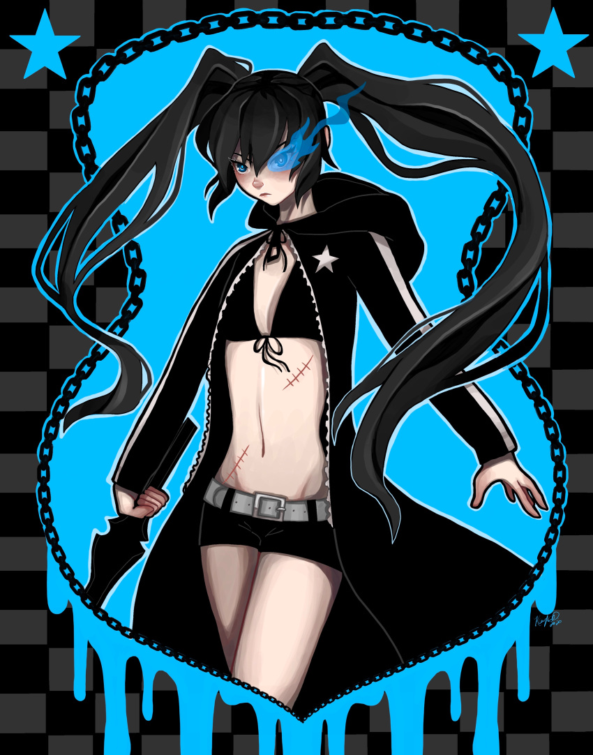 absurdres bikini bikini_top_only black_coat black_hair black_rock_shooter black_rock_shooter_(character) black_shorts blue_eyes blue_fire chains coat female fire flaming_eye highres hood hooded_coat kayla_speciale long_hair midriff no_shirt open_clothes open_coat scar shorts star_(symbol) swimsuit sword twintails weapon