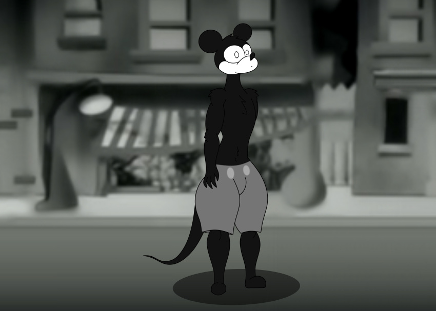 1930s absurd_res anthro arm_tuft black_and_white bottomwear chest_tuft clothed clothing creepypasta depression elbow_tuft fur head_tuft hi_res male mammal mandro22 monochrome mouse multicolored_body multicolored_fur murid murine rodent rubberhose rubberhose_animation sad shorts shorts_only shoulder_tuft solo suicide_mouse_(character) suicide_mouse_(creepypasta) tail topless tuft