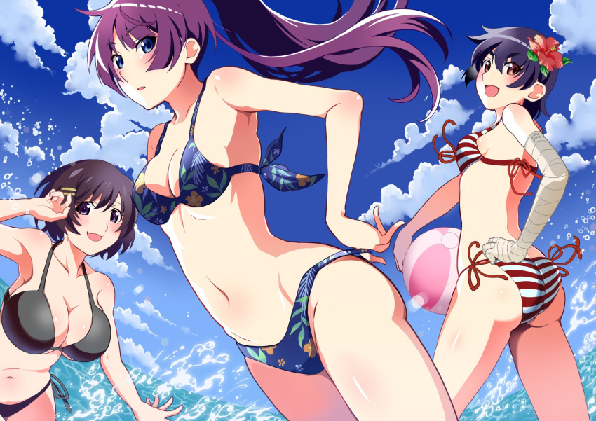 3girls :3 ass bakemonogatari bandages bikini black_bikini black_hair blue_bikini blue_eyes blue_sky breasts brown_eyes cleavage cloud commentary_request cowboy_shot day flower hair_flower hair_ornament hanekawa_tsubasa highres kanbaru_suruga large_breasts leaf_print long_hair mashimaro_tabetai medium_breasts monogatari_(series) multiple_girls navel nisemonogatari official_style outdoors purple_eyes purple_hair red_bikini senjougahara_hitagi shoes side-tie_bikini_bottom sky smile striped_bikini striped_clothes swimsuit unworn_shoes wading water