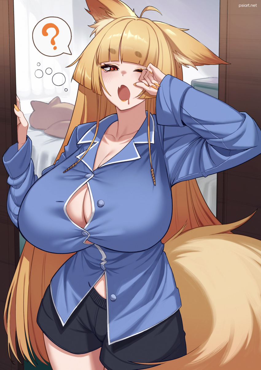 ? animal_ear_fluff animal_ears bedroom blonde_hair breasts cleavage commission female fox_ears fox_girl fox_tail highres hime_cut huge_breasts long_hair looking_at_viewer original psidubs red_eyes shorts solo spoken_question_mark tail thick_eyebrows unbuttoned very_long_hair yawning