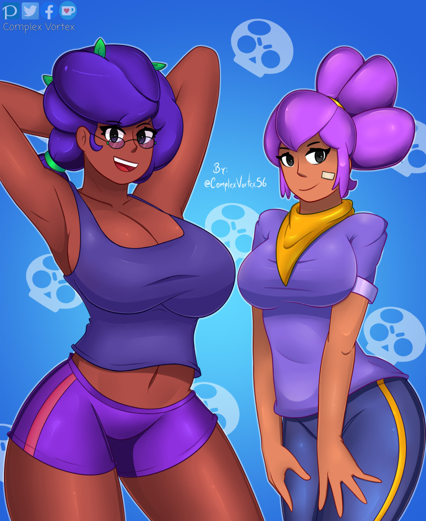 2girls arms_behind_head bandage big_breasts black_eyes blue_background brawl_stars clothed complex_vortex dark-skinned_female dark_skin female_only glasses gym_shorts hands_on_legs happy happy_female leaves_in_hair looking_at_viewer ponytail purple_hair purple_shirt rosa_(brawl_stars) shelly_(brawl_stars) smile smiling_at_viewer supercell tank_top yellow_bandanna