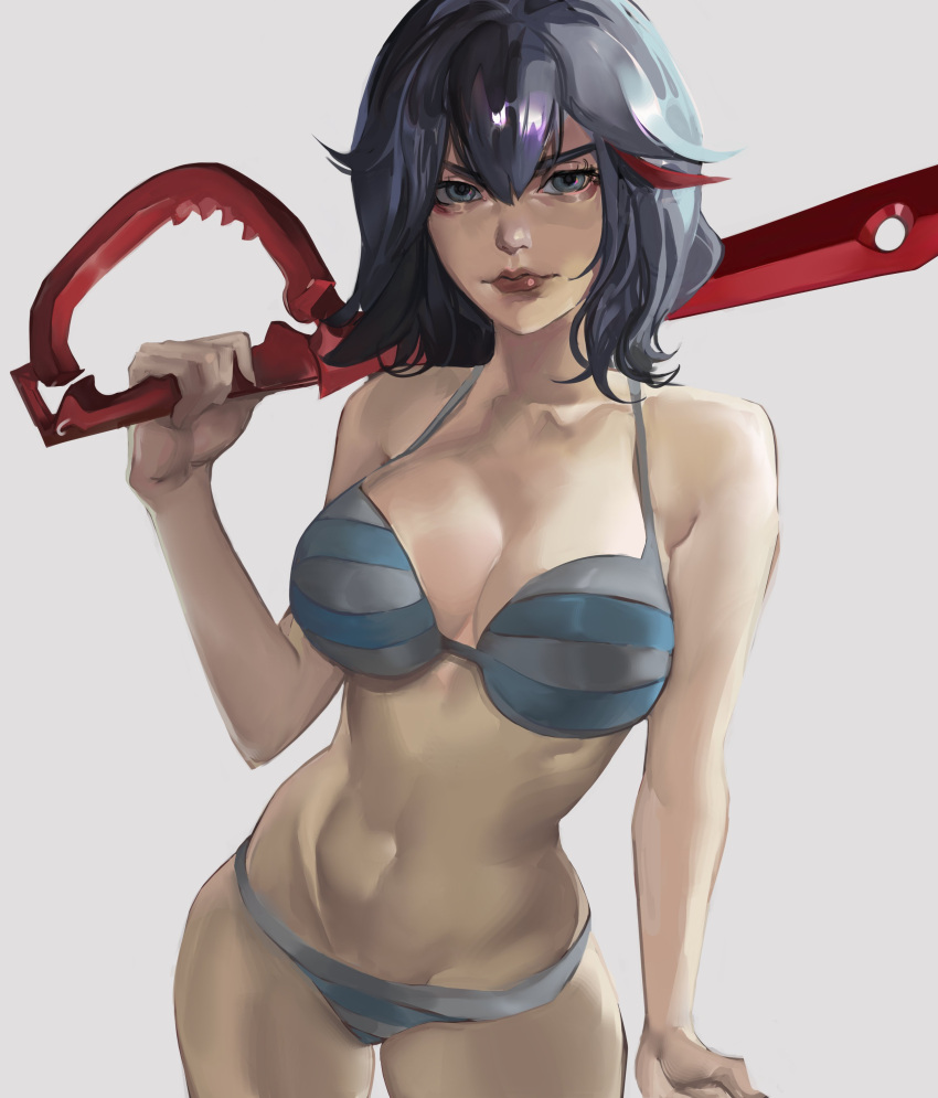 1girls bikini black_hair bra canon_panties cleavage cowboy_shot kill_la_kill large_breasts lips looking_at_viewer matoi_ryuuko panties shimapan short_hair simple_background solo sword tomboy tristanmori