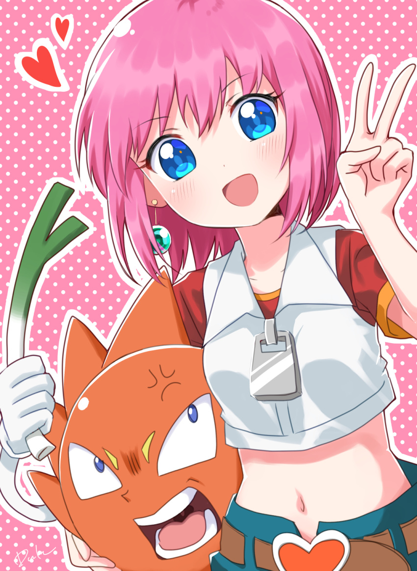 1boy :d anger_vein angry beauty_(bobobo-bo_bo-bobo) belt blue_eyes blue_pants blush bobobo-bo_bo-bobo brown_belt commentary_request crop_top don_patch earrings female food gloves hand_up happy heart heart_belt highres holding holding_food holding_spring_onion holding_vegetable jewelry looking_at_another looking_at_viewer looking_up midriff navel open_mouth outline pants pink_background pink_hair polka_dot polka_dot_background shirt short_hair short_sleeves smile spring_onion teeth tongue usagi_koushaku v vegetable white_gloves white_outline zipper_pull_tab