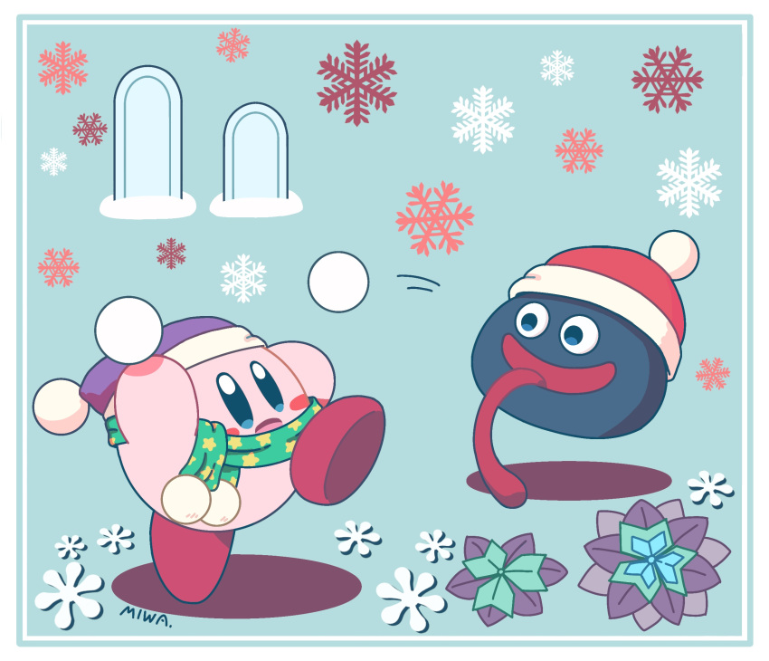 arm_up artist_name beanie blue_background blue_eyes blush blush_stickers border commentary_request eye_contact full_body fur-trimmed_headwear fur_trim gooey_(kirby) green_scarf happy hat highres holding holding_snowball kirby kirby_(series) leg_up long_tongue looking_at_another miwa_(ahyuck) motion_lines no_humans open_mouth pom_pom_(clothes) purple_headwear red_headwear scarf signature slime_(creature) smile snowball snowball_fight snowflakes solid_oval_eyes standing standing_on_one_leg star_(symbol) star_print throwing tongue tongue_out white_border