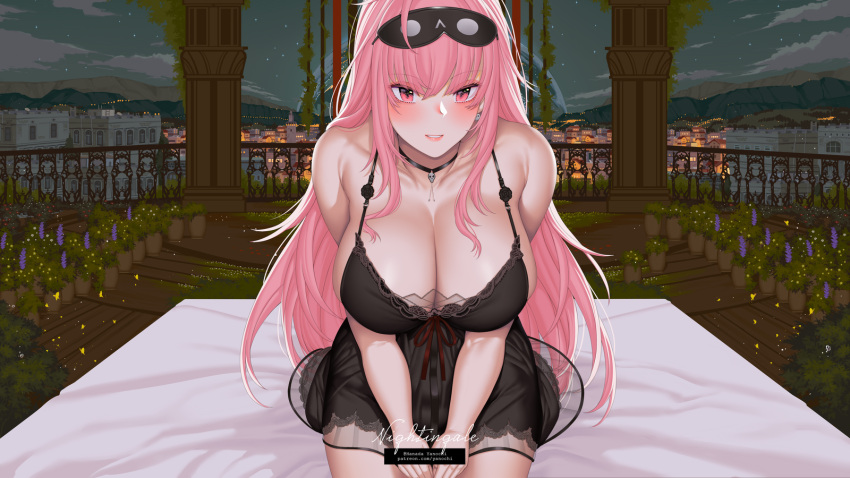 :d architecture bare_shoulders bed black_nightgown blue_sky blush breasts building city cityscape cleavage cloud cloudy_sky collar collarbone commentary english_commentary female fireflies flower hair_ornament hanada_yanochi highres hololive hololive_english house indoors landscape large_breasts lavender_(flower) long_hair looking_at_viewer messy_hair mori_calliope mori_calliope_(sleepwear) night night_sky nightgown pink_eyes pink_hair planet plant potted_plant purple_flower rooftop sky sleepwear smile solo virtual_youtuber