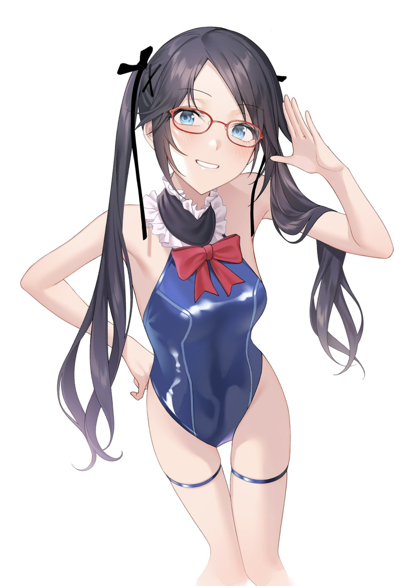 black_hair black_ribbon blue_eyes blue_one-piece_swimsuit bow collar cosplay cowboy_shot dead_or_alive dead_or_alive_5 female frilled_collar frills glasses grin hair_ornament hair_ribbon highres idolmaster idolmaster_shiny_colors kyuma_(hisa_hisa_ma) looking_at_viewer marie_rose marie_rose_(cosplay) marie_rose_(devilish_servant_against_the_splashing_waves) mitsumine_yuika one-piece_swimsuit red-framed_eyewear red_bow ribbon salute simple_background smile solo standing swimsuit twintails white_background x_hair_ornament