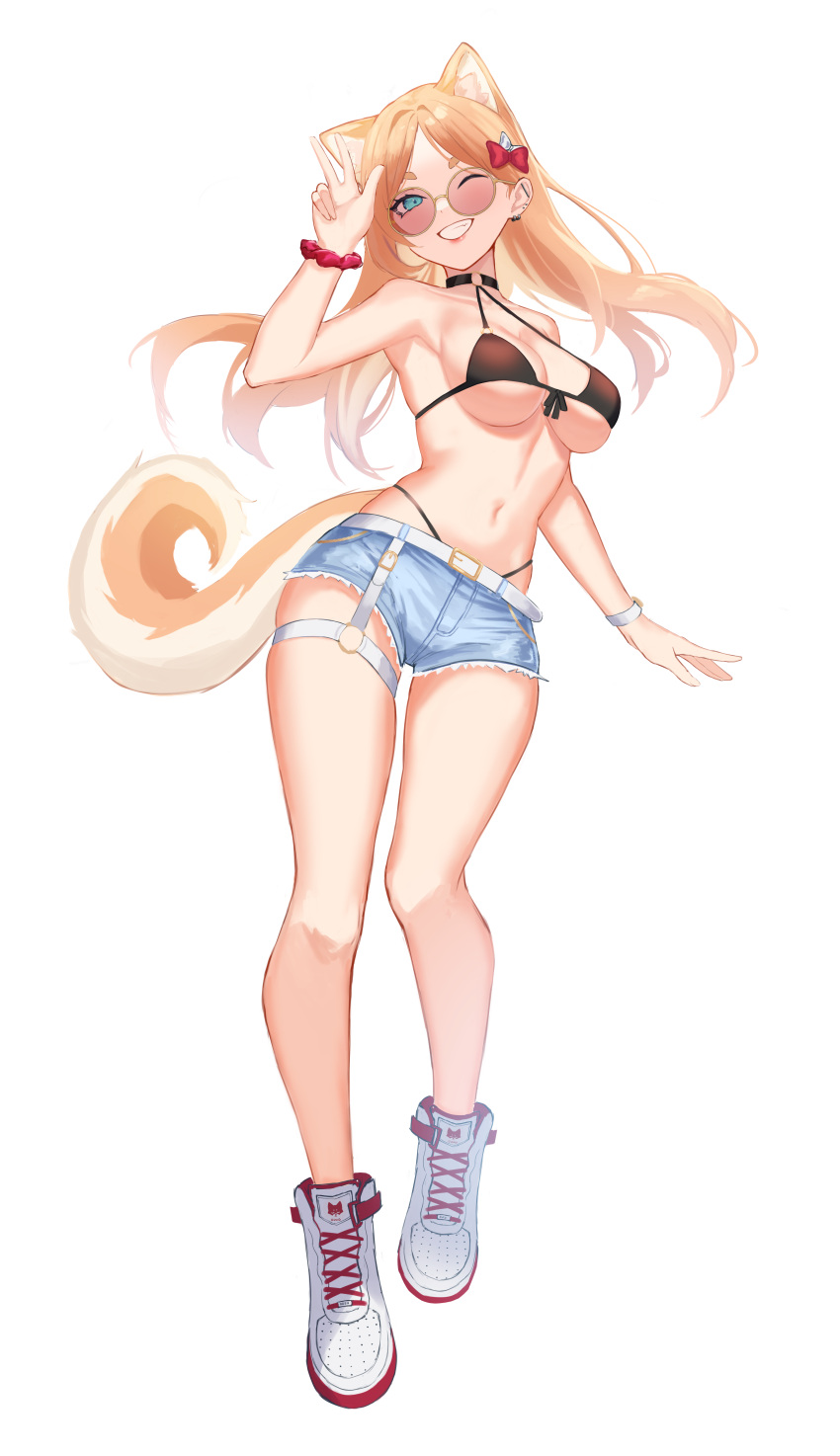 ;) absurdres animal_ears aqua_eyes arm_up armpits bare_arms bare_legs bare_shoulders bikini black_choker blonde_hair bow breasts choker denim denim_shorts dog_ears dog_girl dog_tail ear_piercing earrings extra_ears female floating_hair fran_(gudanco_(nyanmeowzer)) full_body grin gudanco_(nyanmeowzer) hair_behind_ear hairbow halterneck highleg highleg_bikini highres jewelry large_breasts lips long_hair looking_at_viewer midriff navel one_eye_closed original parted_bangs piercing round_eyewear scrunchie shoes short_shorts shorts sideboob simple_background skindentation smile sneakers solo stomach string_bikini swimsuit tail thick_eyebrows thigh_strap thighs underboob v watch white_background white_footwear wrist_scrunchie wristwatch yellow-framed_eyewear