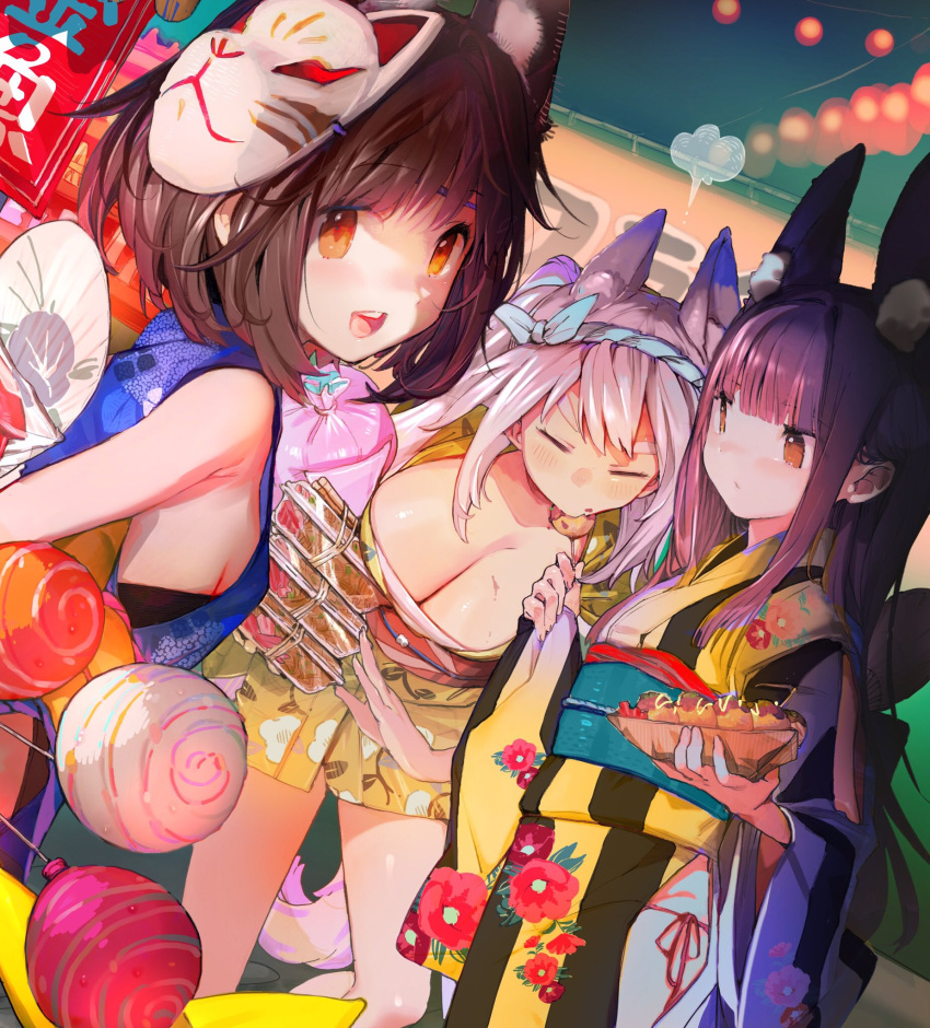 3girls :d animal_ear_fluff animal_ears armpit_crease azur_lane blue_kimono breasts brown_hair cleavage closed_eyes closed_mouth collarbone dutch_angle eating extra_ears eyebrows_hidden_by_hair festival food food_theft fox_mask from_behind hachimaki hand_fan headband highres holding holding_food japanese_clothes kimono large_breasts long_hair looking_at_viewer looking_back mask mask_on_head multiple_girls mutsu_(azur_lane) nagato_(azur_lane) nejiri_hachimaki night obi obiage obijime orange_eyes paper_fan purple_hair sash sideboob sleeveless sleeveless_kimono small_breasts smile souji_hougu summer_festival takoyaki teeth thick_eyebrows toothpick twintails upper_teeth_only water_yoyo white_hair yakisoba yellow_kimono yuudachi_(azur_lane)