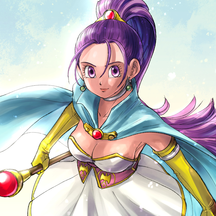 blue_background blue_cape breasts cape choker cleavage collarbone commentary_request dragon_quest dragon_quest_xi dress earrings elbow_gloves female gloves hair_between_eyes hair_ornament highres holding holding_staff jewelry large_breasts long_hair looking_at_viewer pekuchin_(pekuchin_3) ponytail purple_eyes purple_hair senica_(dq11) short_dress solo staff very_long_hair white_dress yellow_gloves