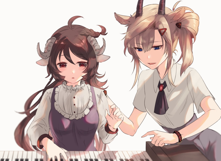 2girls animal_ears arknights ascot blue_eyes blush brown_eyes brown_hair curled_horns earthspirit_(arknights) earthspirit_(elite_ii)_(arknights) elite_ii_(arknights) eyjafjalla_(arknights) goat_ears goat_girl goat_horns hand_on_another's_shoulder highres horns infection_monitor_(arknights) instrument long_hair long_sleeves multiple_girls naoi_retsu parted_lips piano sheep_ears sheep_girl sheep_horns short_sleeves side_ponytail simple_background white_background