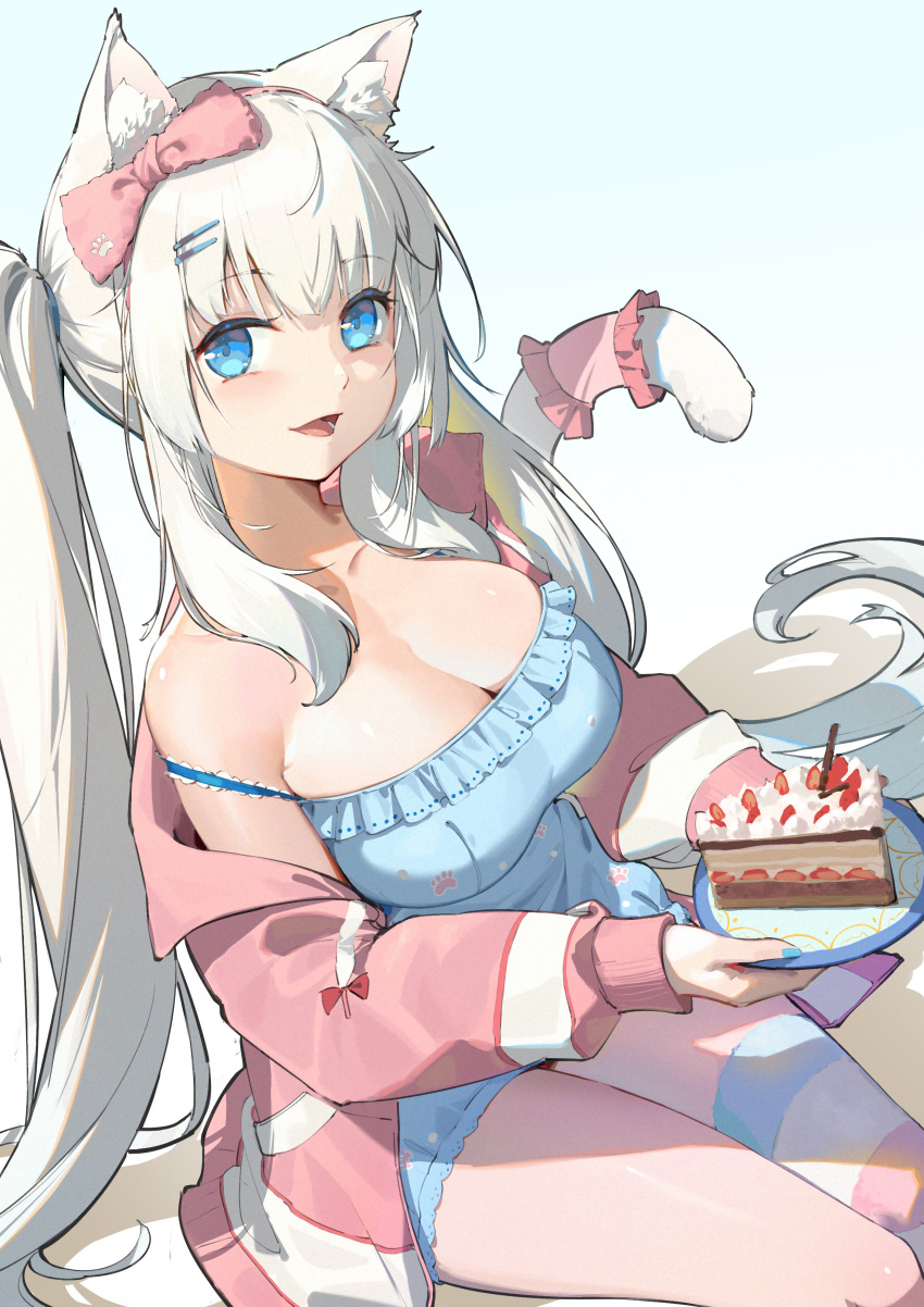 :d absurdres animal_ear_fluff animal_ears blue_dress blue_eyes bow breasts cake cake_slice cat_ears cat_girl cat_tail chinese_commentary chucolala cleavage commentary dress female food frilled_dress frills hair_ornament hairbow hairclip highres holding holding_plate j.xh jacket large_breasts long_hair long_sleeves looking_at_viewer off_shoulder open_clothes open_jacket pink_bow pink_jacket plate puffy_long_sleeves puffy_sleeves shirayuki_aria single_thighhigh sitting smile solo strap_slip strawberry_shortcake striped_clothes striped_thighhighs tail tail_garter thighhighs twintails very_long_hair virtual_youtuber white_hair