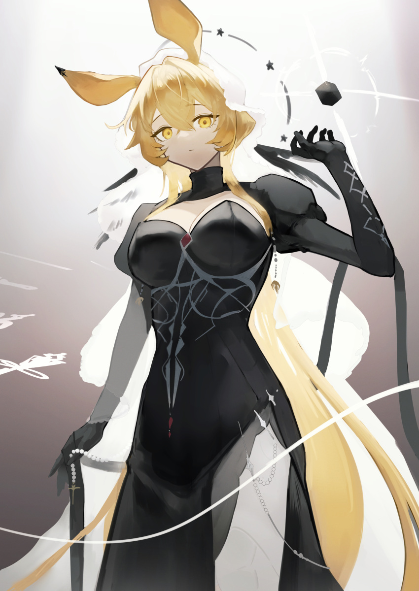 absurdres aiv animal_ears arknights black_dress blonde_hair breasts closed_mouth dorothy_(arknights) dorothy_(hand_of_destiny)_(arknights) dress female gradient_background highres large_breasts long_hair looking_at_viewer mouse_ears official_alternate_costume solo standing yellow_eyes