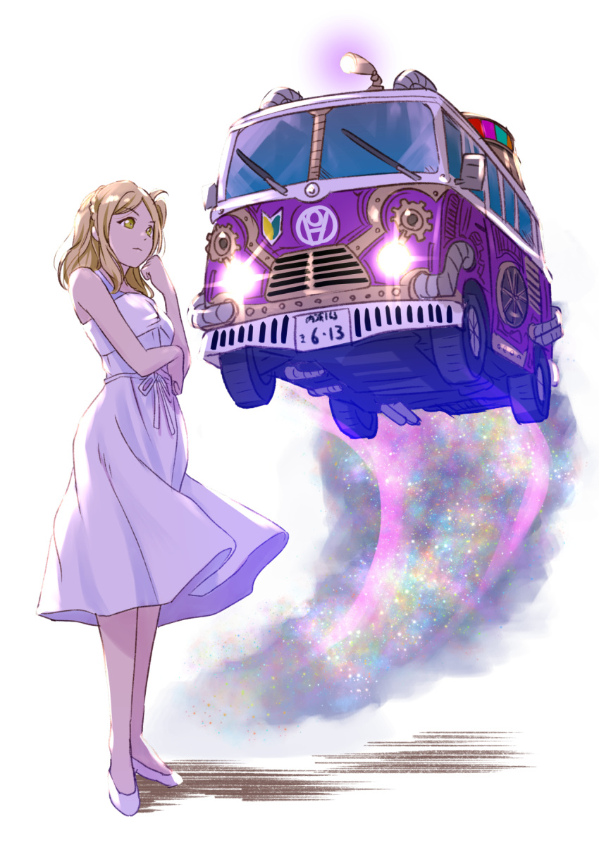 bus commentary dress female full_body highres jojo_no_kimyou_na_bouken jojo_pose love_live! love_live!_sunshine!! minibus motor_vehicle ohara_mari pose shamakho shoshinsha_mark simple_background stand_(jojo) star_(sky) trail volkswagen_type_2 white_background white_dress