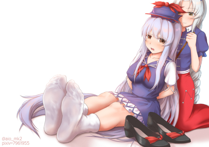 2girls aiou_akahiko asymmetrical_legwear black_footwear blue_hair blush closed_mouth commentary_request commission confused cross feet foot_focus hat hat_ribbon highres kamishirasawa_keine long_hair multiple_girls nurse_cap pixiv_commission pixiv_id puffy_short_sleeves puffy_sleeves red_cross red_eyes restrained ribbon shoes short_sleeves soles touhou twitter_username unworn_shoes white_hair white_legwear yagokoro_eirin yuri