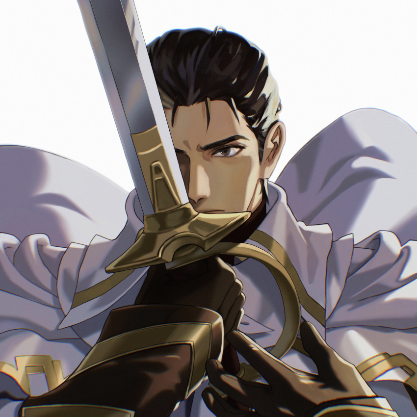 1boy absurdres alternate_costume bikini_boody black_eyes black_hair cape commission commissioner_upload fire_emblem fire_emblem:_thracia_776 fire_emblem_heroes gloves highres holding male_focus md5_mismatch one_eye_covered reinhardt_(fire_emblem) reinhardt_(resplendent)_(fire_emblem) resolution_mismatch simple_background solo source_smaller sword weapon white_background