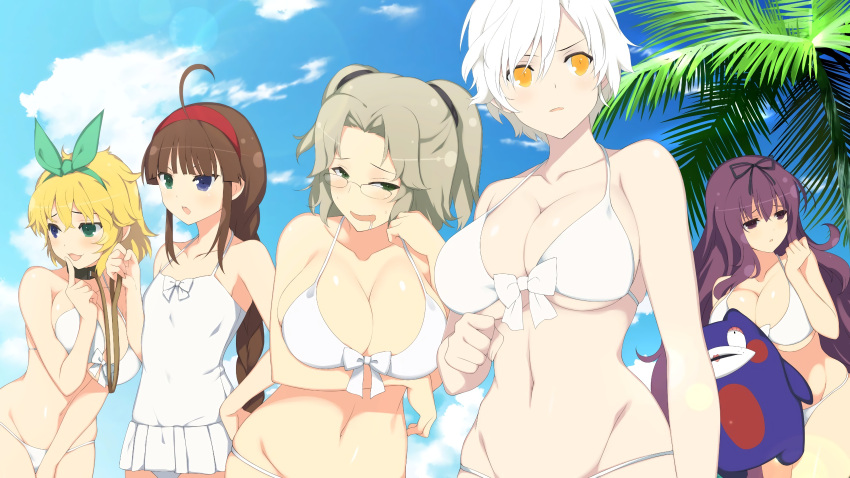 5girls :3 absurdres ahoge bebe-tan between_legs bikini black_bow black_ribbon blonde_hair blue_eyes blush bow braid breasts brown_hair cleavage clenched_hand cloud collar collarbone curvy day dress_swimsuit drooling game_cg glasses green_bow green_eyes groin hair_between_eyes hair_ribbon hairband hairbow hand_between_legs hand_on_own_hip heterochromia highres holding holding_leash huge_breasts imu_(senran_kagura) large_breasts leash linea_alba long_hair masochism miyabi_(senran_kagura) multiple_girls murasaki_(senran_kagura) navel official_art one-piece_swimsuit open_mouth palm_leaf palm_tree purple_eyes purple_hair red_hairband ribbon ryoubi_(senran_kagura) ryouna_(senran_kagura) senran_kagura senran_kagura_estival_versus senran_kagura_shinovi_versus short_hair single_braid sky slit_pupils small_breasts smile stuffed_toy swimsuit third-party_source tree twintails very_long_hair white_bikini white_bow white_hair white_one-piece_swimsuit yaegashi_nan yellow_eyes yuri