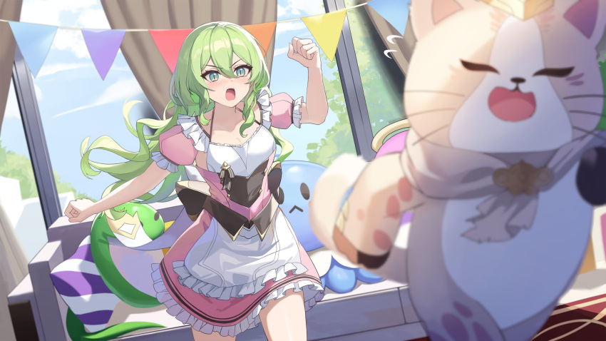 animal apron arm_up blurry blurry_foreground blush breasts can_(honkai_impact) chasing cleavage commentary couch curtains depth_of_field dress english_commentary eruthika feline female flying_sweatdrops frilled_apron frilled_dress frills green_eyes green_hair highres honkai_(series) honkai_impact_3rd indoors long_hair medium_breasts mobius_(honkai_impact) open_mouth pennant pillow pink_dress puffy_short_sleeves puffy_sleeves running second-party_source short_sleeves skirt solo_focus string_of_flags v-shaped_eyebrows very_long_hair waist_apron white_apron window