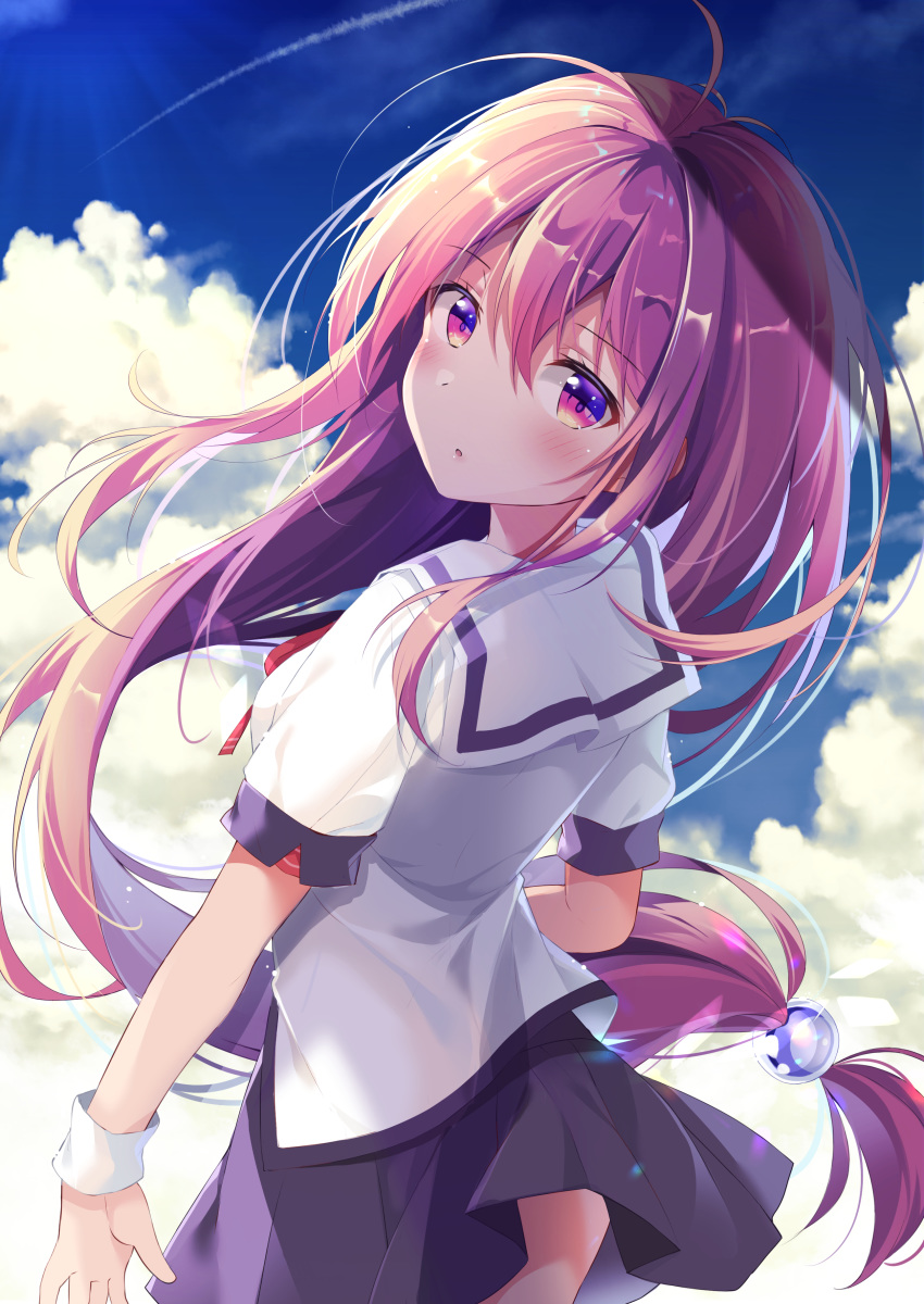 :o absurdres ahoge black_skirt blue_sky blush breasts cloud cloudy_sky commentary_request day female from_behind hair_between_eyes highres iriya_kana iriya_no_sora_ufo_no_natsu long_hair looking_at_viewer looking_back low-tied_long_hair neck_ribbon outdoors parted_lips pleated_skirt red_eyes red_ribbon ribbon sailor_collar school_uniform shiro_kuma_shake shirt short_sleeves skirt sky small_breasts solo summer very_long_hair white_sailor_collar white_shirt wrist_cuffs