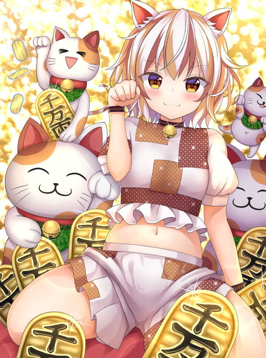 :3 absurdres animal_ears brown_eyes brown_hair calico cat_ears cat_girl clenched_hand closed_mouth coin commentary_request female goutokuji_mike highres looking_at_viewer maneki-neko multicolored_clothes multicolored_hair multicolored_shirt multicolored_shorts navel puffy_short_sleeves puffy_sleeves short_hair short_sleeves shorts sitting smile solo streaked_hair suigetsu_(watermoon-910) touhou white_hair