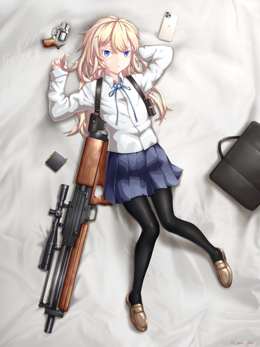 absurdres bag blonde_hair blue_eyes bullpup cellphone ceramic_plate chiappa_rhino colored_eyelashes female gun highres iphone_11_pro long_hair lying on_back on_bed original pantyhose phone pleated_skirt rifle skirt smartphone sniper_rifle solo very_long_hair walther walther_wa_2000 weapon