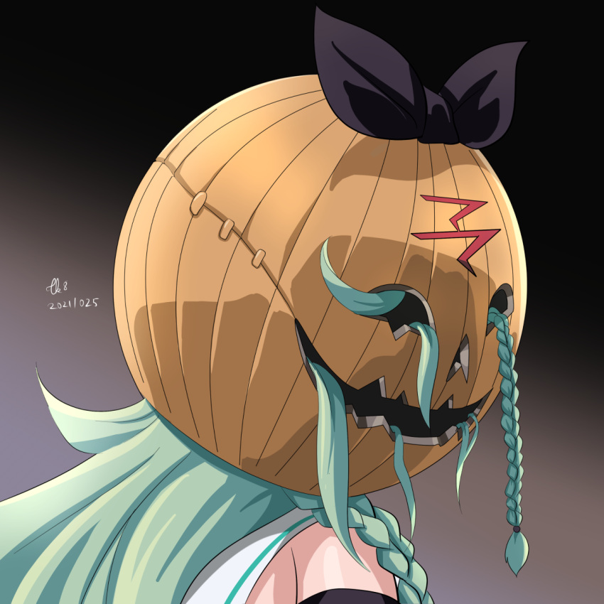 back black_background black_ribbon black_serafuku black_skirt blue_ribbon braid breasts dated detached_sleeves female gradient gradient_background green_eyes green_hair gundam gundam_hathaway's_flash hair_ribbon halloween halloween_costume highres horror_(theme) jack-o'-lantern kantai_collection long_hair looking_at_viewer looking_back mafti_nabiyu_erin medium_breasts neckerchief ponytail pumpkin remodel_(kantai_collection) ribbon sailor_collar school_uniform serafuku signature skirt solo tk8d32 twin_braids upper_body what white_sailor_collar yamakaze_(kancolle)