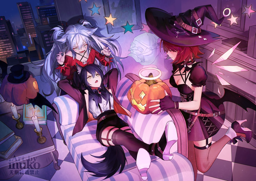 3girls animal_ears annoyed arknights black_dress black_footwear black_gloves black_hair black_headwear black_jacket black_skirt black_thighhighs book breasts candle city claw_pose cleavage closed_mouth commentary costume couch dress emperor_(arknights) energy_wings english_commentary exusiai_(arknights) fingerless_gloves garter_straps ghost gloves halo hat high_heels indoors inuko_(redconstellation) jack-o'-lantern jacket lappland_(arknights) long_hair long_sleeves lower_teeth_only medium_breasts multiple_girls night on_couch open_mouth ponytail puffy_short_sleeves puffy_sleeves purple_footwear red_dress red_hair shirt shirt_tucked_in shoe_soles short_hair short_sleeves skirt sleeveless sleeveless_dress smile standing standing_on_one_leg star_(symbol) suspenders teeth texas_(arknights) thighhighs twintails watermark white_hair white_shirt window witch_hat wolf_ears yellow_eyes