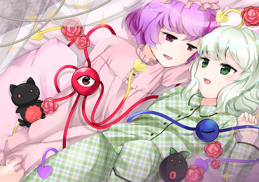 bed flower green_hair green_pajamas hat highres kaenbyou_rin kaenbyou_rin_(cat) kanonari komeiji_koishi komeiji_satori mob_cap multiple_girls nightgown no_headwear on_bed pajamas pillow pink_hair pink_nightgown plaid plaid_pajamas reiuji_utsuho reiuji_utsuho_(bird) rose third_eye touhou