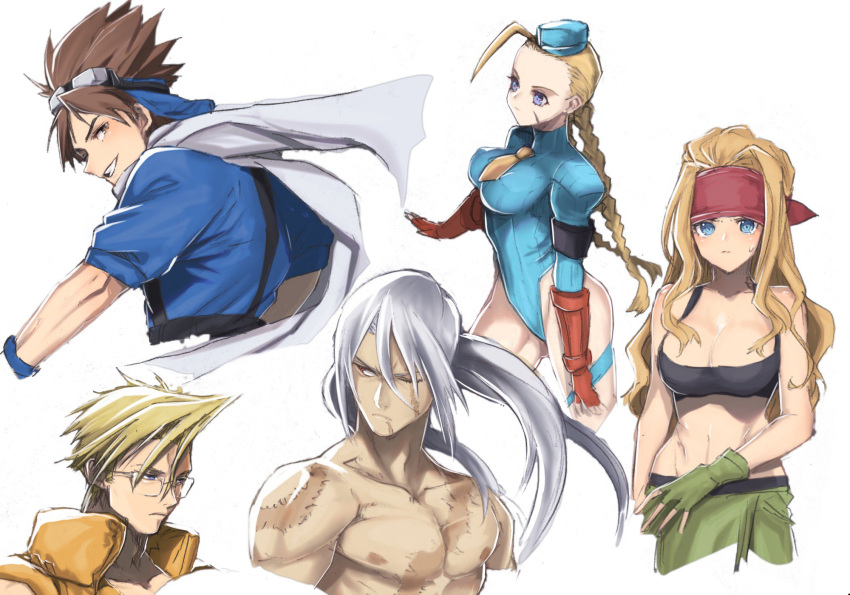 2girls 3boys ahoge alex_(street_fighter) alfred_(fatal_fury) antenna_hair blonde_hair blue_eyes braid breasts brown_eyes brown_hair cammy_white charlie_nash closed_mouth crossover fatal_fury fighting_ex_layer fingerless_gloves garrison_cap genderswap_(mtf) gloves hat highres kairi_(street_fighter_ex) leotard long_hair looking_at_viewer medium_breasts midnight_bliss multiple_boys multiple_girls murata_tefu rule_63 scar simple_background street_fighter street_fighter_ex_(series) street_fighter_ii_(series) street_fighter_zero_(series) thong_leotard twin_braids white_background