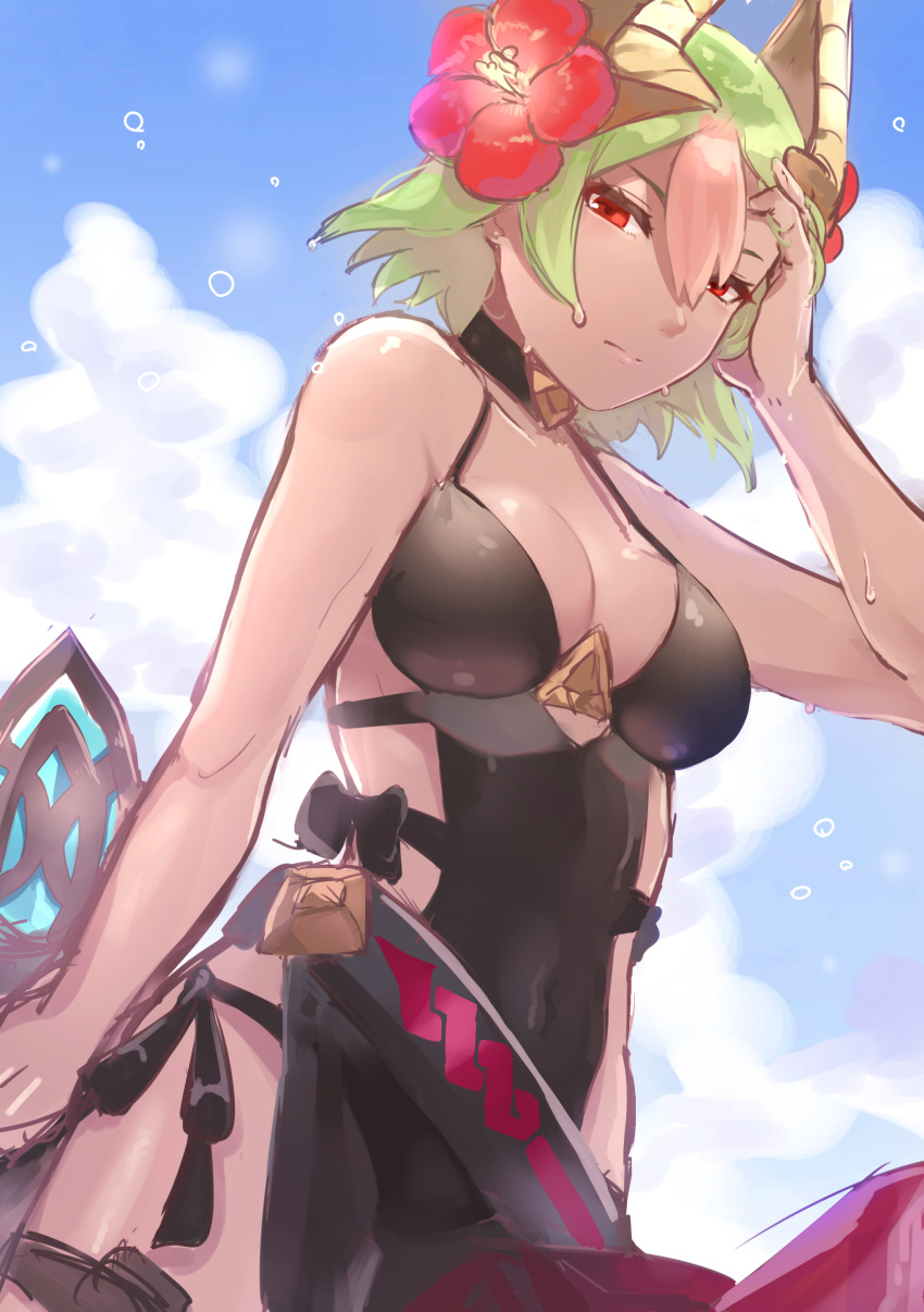 absurdres black_one-piece_swimsuit blue_sky breasts cleavage closed_mouth cloud commentary_request dark-skinned_female dark_skin day female fire_emblem fire_emblem_heroes flower green_hair hair_flower hair_ornament highres laegjarn_(fire_emblem) laegjarn_(summer)_(fire_emblem) multicolored_hair one-piece_swimsuit orange_hair red_eyes sakuramotikun short_hair sky solo swimsuit