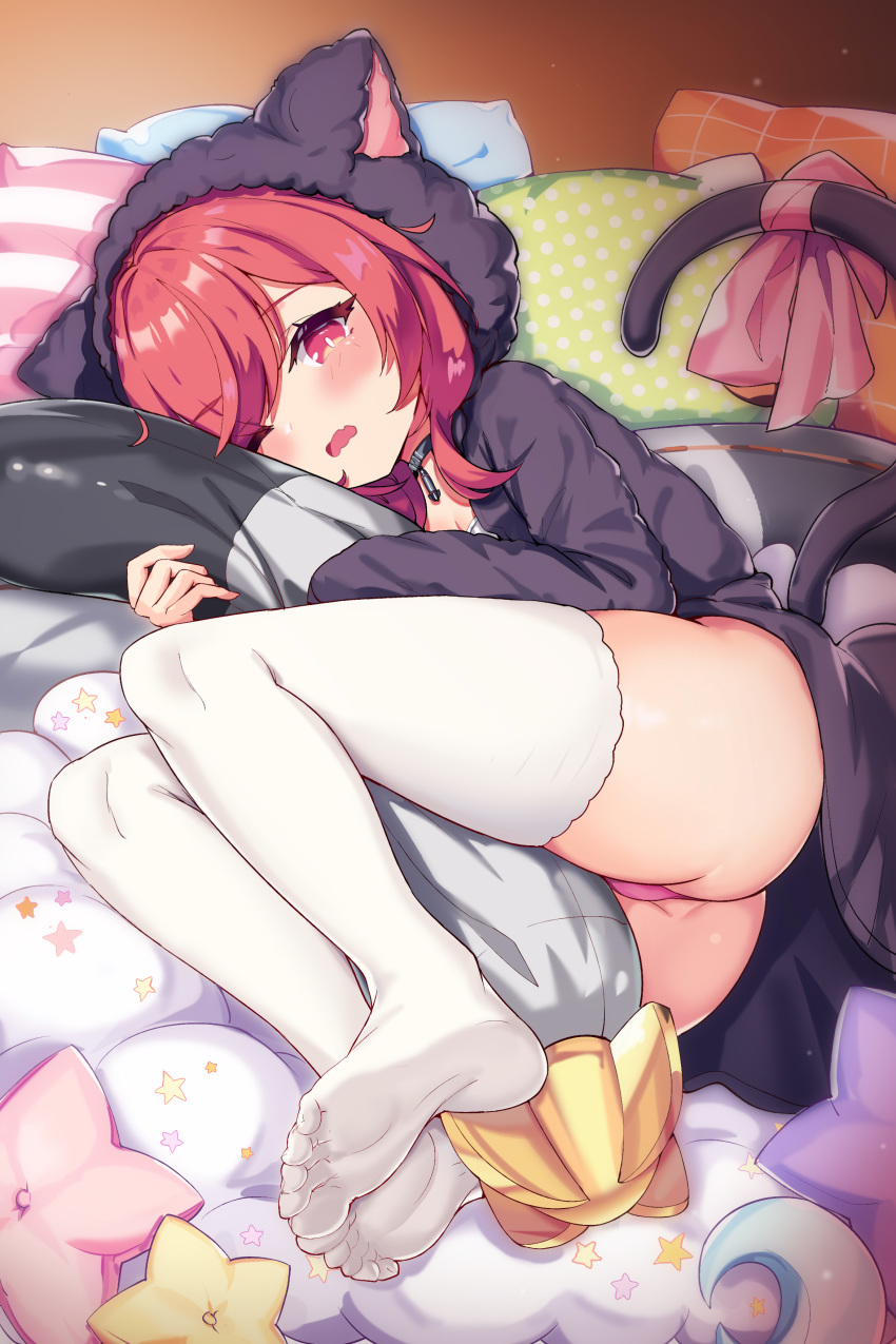 14c absurdres animal_ears animal_hood ass azur_lane black_hoodie blush breasts cat_ears cat_tail fake_animal_ears feet female highres holding holding_pillow hood hoodie hug hugging_object i-19_(azur_lane) i-19_(pillowy_paradise)_(azur_lane) large_breasts long_hair long_sleeves looking_at_viewer loungewear lying md5_mismatch no_shoes official_alternate_costume on_side one_eye_closed open_mouth panties pantyshot pillow pillow_hug pink_panties red_eyes red_hair ribbon smile soles solo tail tail_ornament tail_ribbon thighhighs toes torpedo twintails underwear white_thighhighs