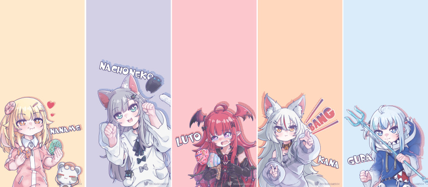 5girls :3 absurdres animal_costume animal_ear_fluff animal_ears animal_hood araka_luto asobigokoro bell blonde_hair blue_eyes blue_hair blue_hoodie brown_eyes cat_ears cat_girl cat_tail creator_connection doughnut dress eyebrows_hidden_by_hair fins fish_tail food fox_ears fox_tail gawr_gura gawr_gura_(1st_costume) gokigen_naname grey_hair hair_bell hair_between_eyes hair_ornament hairclip head_wings highres holding hololive hololive_english hood hoodie indie_virtual_youtuber jingle_bell kamiko_kana long_hair long_sleeves looking_at_viewer medium_hair monja_(monja0521) multicolored_hair multiple_girls nachoneko neck_bell prism_project red_hair shark_costume shark_girl shark_hair_ornament shark_hood shark_tail sharp_teeth shirt sleeves_past_fingers sleeves_past_wrists streaked_hair tail teeth two_side_up virtual_youtuber wide_sleeves wings yellow_eyes