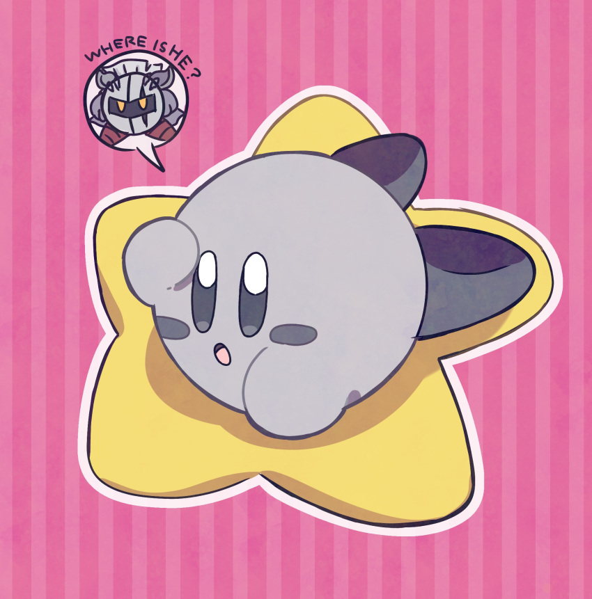 blush blush_stickers commentary_request dark_meta_knight english_text full_body grey_eyes highres kirby_(series) looking_down lying miwa_(ahyuck) no_humans on_stomach open_mouth outline pink_background searching shading_eyes shadow_kirby simple_background solid_oval_eyes solo speech_bubble spoken_character star_(symbol) striped striped_background talking warp_star white_outline