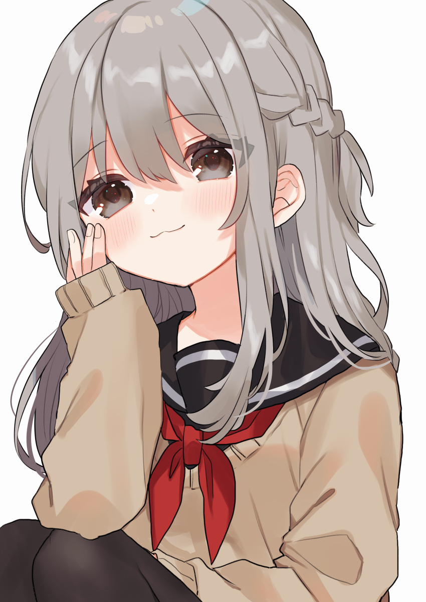 :3 absurdres bad_id bad_pixiv_id black_pantyhose black_sailor_collar blush braid brown_eyes cardigan closed_mouth female fingernails french_braid grey_cardigan grey_hair grey_sweater hand_on_own_cheek hand_on_own_face hand_up highres long_sleeves looking_at_viewer neckerchief noi_mine original pantyhose red_neckerchief sailor_collar simple_background sitting sleeves_past_wrists smile solo sweater white_background