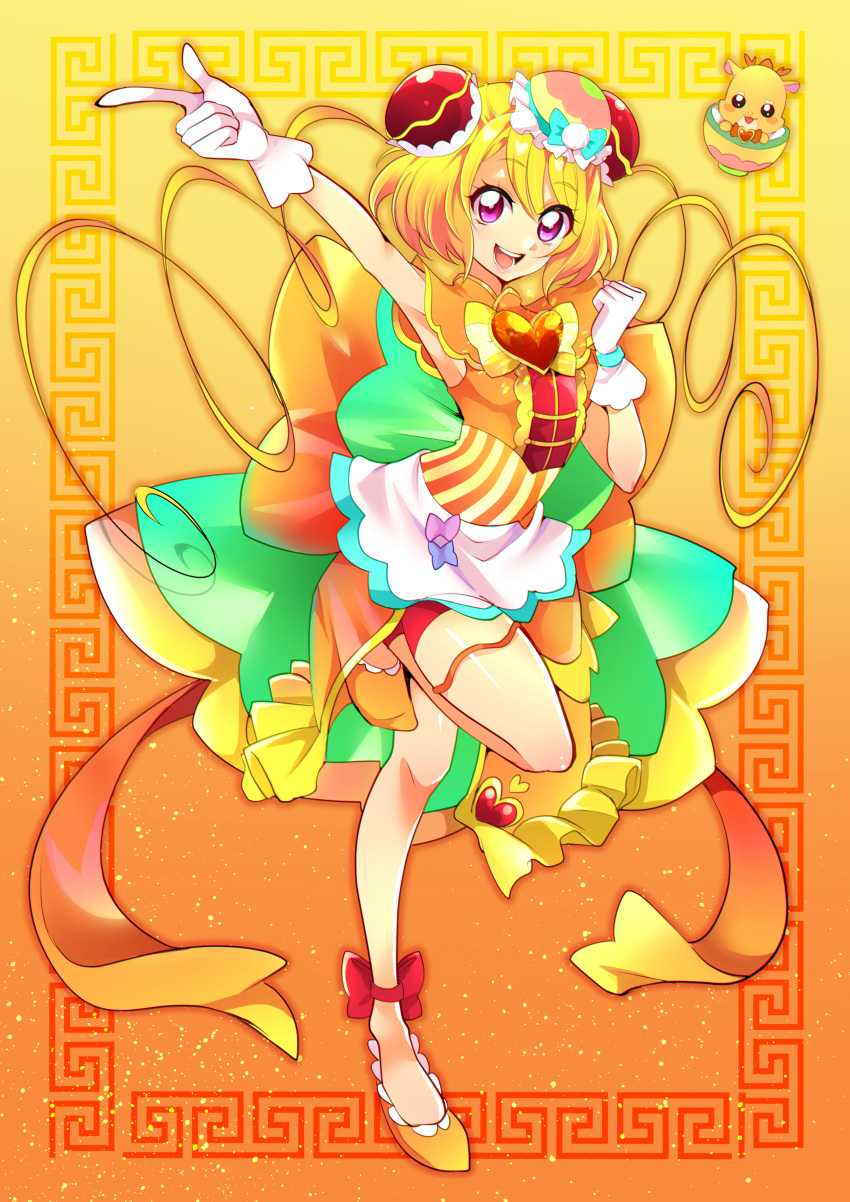 absurdres ankle_bow apron arm_up back_bow bike_shorts blonde_hair bow bowl brooch bun_cover china_dress chinese_clothes cure_yum-yum delicious_party_precure dragon dragon_wings dress earrings female full_body gloves gradient_background hair_between_eyes hanamichi_ran heart heart_brooch highres huge_bow jewelry long_hair magical_girl mem-mem_(precure) mitsuki_tayura orange_background orange_dress orange_footwear orange_shorts precure purple_eyes red_hair short_hair_with_long_locks shorts sleeveless sleeveless_dress standing standing_on_one_leg two-tone_background waist_apron white_gloves wings yellow_background