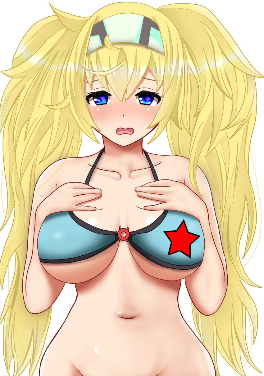 alternate_costume bikini bikini_top_only blonde_hair blue_bikini blue_eyes blush breasts female gambier_bay_(kancolle) hairband hifumi_kei highres kantai_collection large_breasts navel simple_background solo swimsuit twintails upper_body white_background